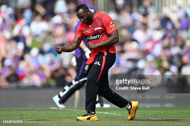 Andre Russell of the Renegades celebrates the wicket of Asif Ali of the Hurricanes during the Men's Big Bash League match between the Hobart...