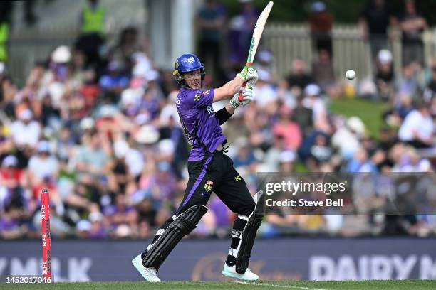 Tim Paine of the Hurricanes hits a boundary during the Men's Big Bash League match between the Hobart Hurricanes and the Melbourne Renegades at...