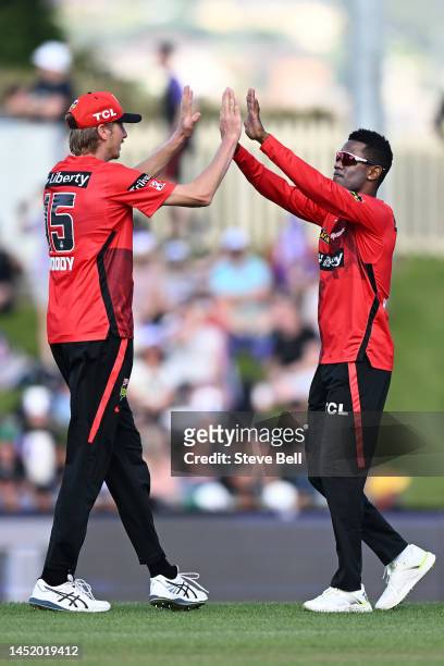 Akeal Hosein of the Renegades celebrates the wicket of Nathan Ellis of the Hurricanes during the Men's Big Bash League match between the Hobart...