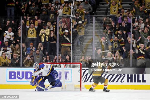 Mark Stone of the Vegas Golden Knights celebrates after winning the game with a shootout goal against Jordan Binnington of the St. Louis Blues at...