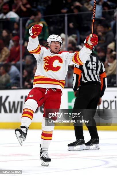 Tyler Toffoli of the Calgary Flames reacts after defeating the Anaheim Ducks 3-2 in overtime of a game at Honda Center on December 23, 2022 in...