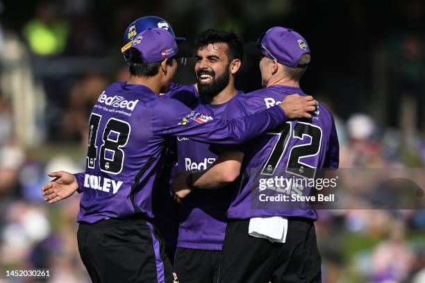 Shadab Khan of the Hurricanes celebrates the wicket of Aaron Finch of the Renegades during the Men's Big Bash League match between the Hobart...