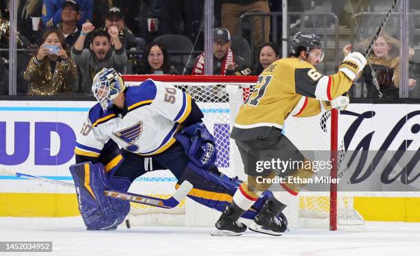 Mark Stone of the Vegas Golden Knights celebrates after winning the game with a shootout goal against Jordan Binnington of the St. Louis Blues at...