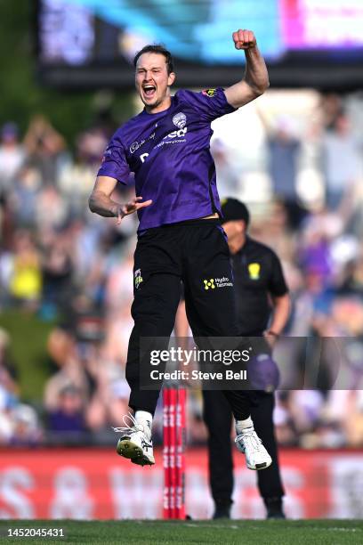 Joel Paris of the Hurricanes celebrates the win during the Men's Big Bash League match between the Hobart Hurricanes and the Melbourne Renegades at...