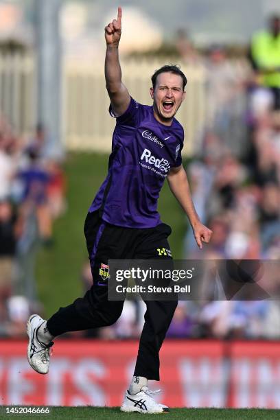 Joel Paris of the Hurricanes celebrates the win during the Men's Big Bash League match between the Hobart Hurricanes and the Melbourne Renegades at...