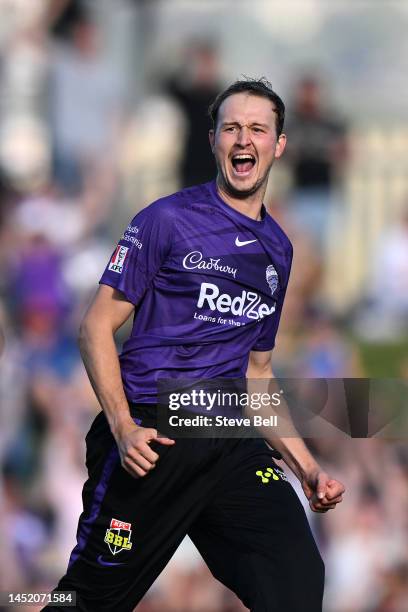 Joel Paris of the Hurricanes celebrates the win during the Men's Big Bash League match between the Hobart Hurricanes and the Melbourne Renegades at...