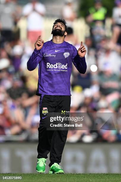 Shadab Khan of the Hurricanes celebrates the wicket of Jonathan Wells of the Renegades during the Men's Big Bash League match between the Hobart...