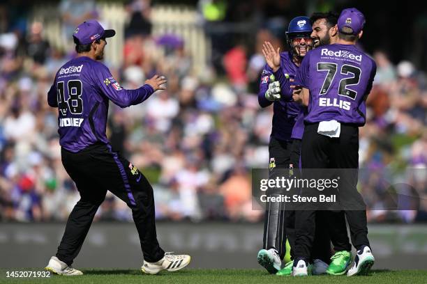 Shadab Khan of the Hurricanes celebrates the wicket of Aaron Finch during the Men's Big Bash League match between the Hobart Hurricanes and the...