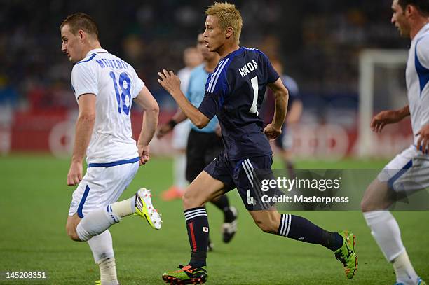 Keisuke Honda of Japan in action during the international friendly match between Japan and Azerbaijan at Ecopa Stadium on May 23, 2012 in Kakegawa,...