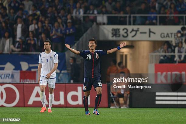 Tomoaki Makino of Japan in action during the international friendly match between Japan and Azerbaijan at Ecopa Stadium on May 23, 2012 in Kakegawa,...