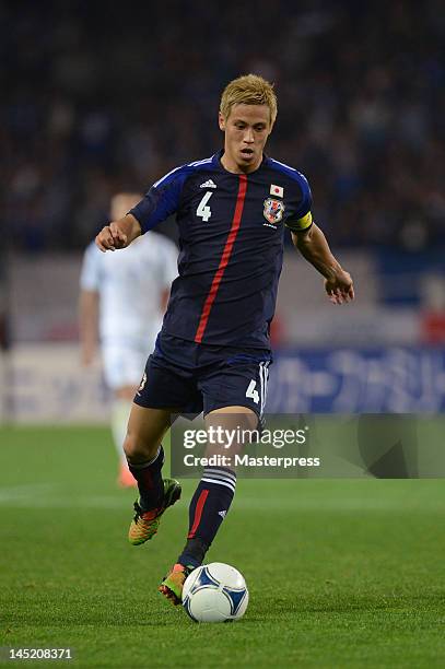 Keisuke Honda of Japan in action during the international friendly match between Japan and Azerbaijan at Ecopa Stadium on May 23, 2012 in Kakegawa,...