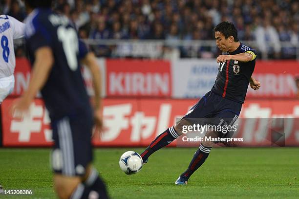 Makoto Hasebe of Japan shots at goal during the international friendly match between Japan and Azerbaijan at Ecopa Stadium on May 23, 2012 in...