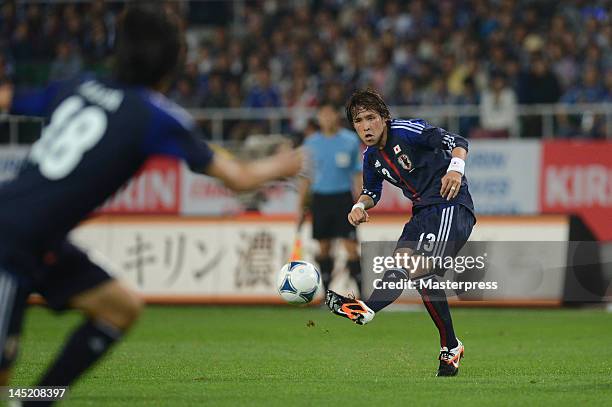 Hajime Hosogai of Japan in action during the international friendly match between Japan and Azerbaijan at Ecopa Stadium on May 23, 2012 in Kakegawa,...