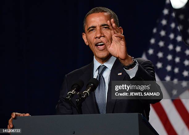 President Barack Obama speaks during a campaign event at the Fox Theatre in Redwood City, California, on May 23, 2012. Obama may have made his name...