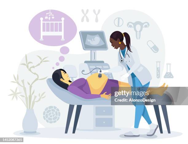 obstetrician using ultrasound scanner on pregnant woman. - patient lying on back stock illustrations