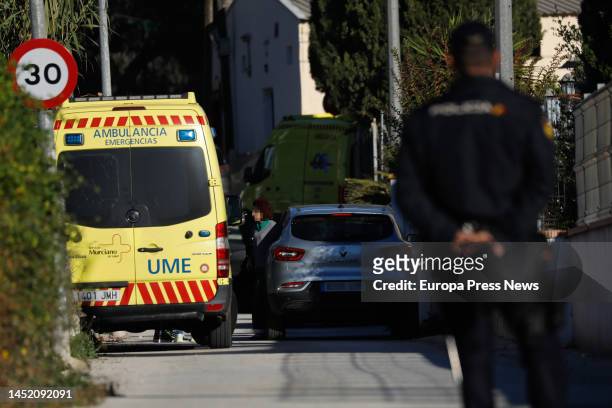 Ambulances and police in the vicinity of the house where a man has barricaded himself with a gun and wounded a GOES sub-inspector by shooting him in...