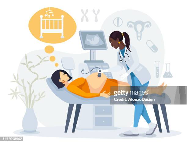 obstetrician using ultrasound scanner on pregnant woman. - brazilian ethnicity stock illustrations