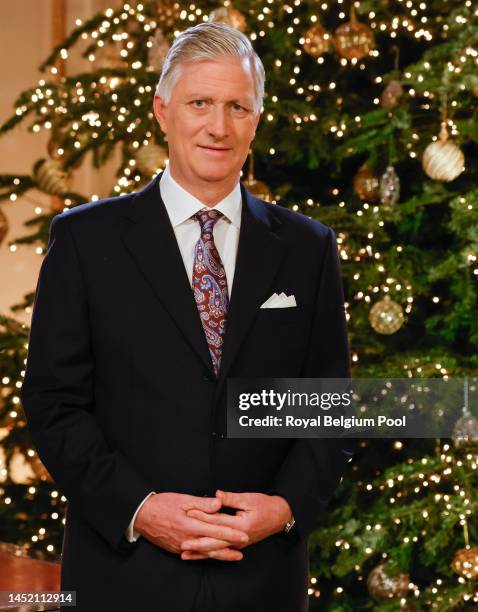 King Philippe of Belgium delivers his Christmas Speech from his office at the Royal Laeken Castle on December 24, 2022 in Brussels, Belgium.