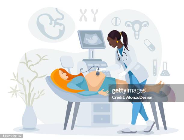 obstetrician using ultrasound scanner on pregnant woman. - person lying on back stock illustrations