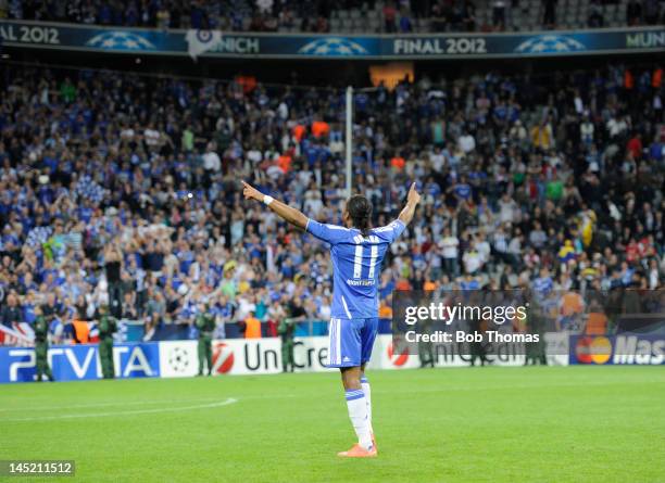 Didier Drogba of Chelsea salutes the fans after the UEFA Champions League Final between FC Bayern Munich and Chelsea at the Fussball Arena Munich on...