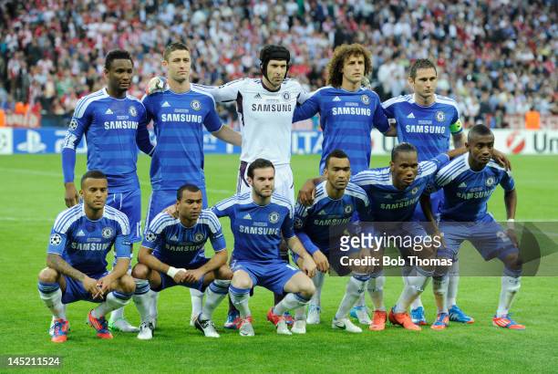 The Chelsea team pose for a team group before the start of the UEFA Champions League Final between FC Bayern Munich and Chelsea at the Fussball Arena...
