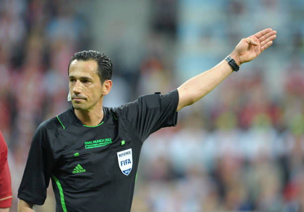 Referee Pedro Proenca of Portugal during the UEFA Champions League Final between FC Bayern Munich and Chelsea at the Fussball Arena Munich on May 19,...