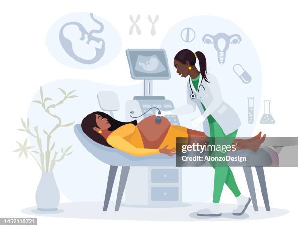 obstetrician using ultrasound scanner on pregnant woman. - patient lying on back stock illustrations