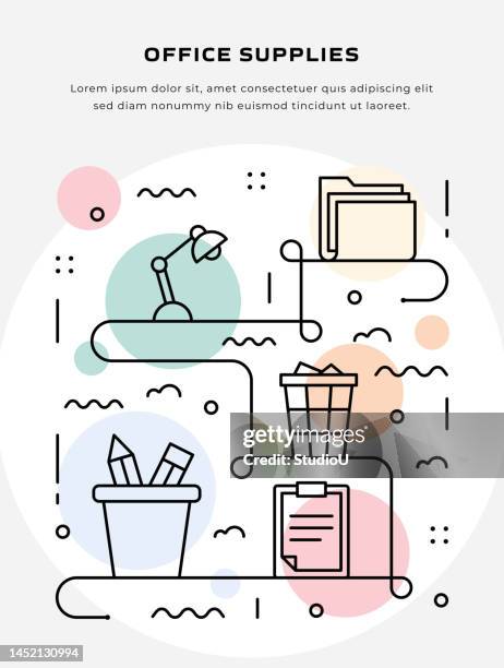 thin line illustration of office supplies for poster, flyer, web banner template - copy machine book stock illustrations