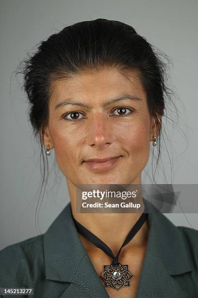 German left-wing politician Sahra Wagenknecht poses for a portrait before speaking to the Foreign Journalists' Association on May 24, 2012 in Berlin,...