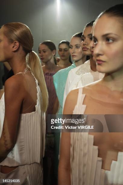 Details and backstage during the Patachou show as part of the Rio de Janeiro Fashion Week Spring Summer 2013 on May 22, 2012 in Rio De Janeiro,...