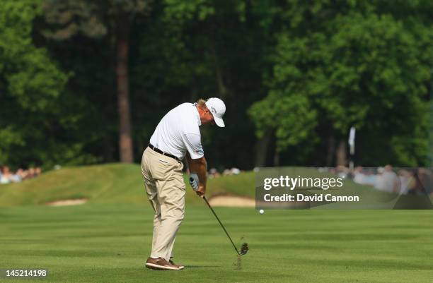 Ernie Els of South Africa hits his 2nd shot on the 6th hole during the first round of the BMW PGA Championship on the West Course at Wentworth on May...