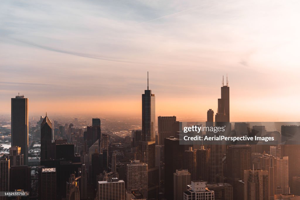 Aerial View of Chicago Skyline at Sunset