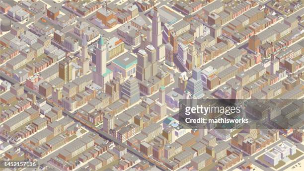 detailed isometric city - 1930s era stock illustrations