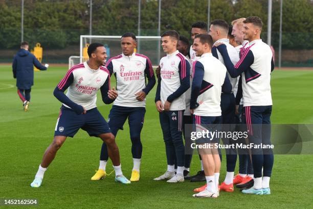 Gabriel, Marquinhos, Catalin Cirjan, Cedric and Ben White of Arsenal during a training session at London Colney on December 24, 2022 in St Albans,...