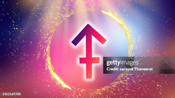 sagittarius symbol on a colorful background light - gemini astrology sign stock pictures, royalty-free photos & images