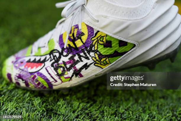 Cleats worn by Justin Jefferson of the Minnesota Vikings during pregame against the New York Giants at U.S. Bank Stadium on December 24, 2022 in...