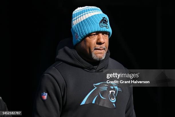 Interim head coach Steve Wilks of the Carolina Panthers looks on during warmups before the game against the Detroit Lions at Bank of America Stadium...