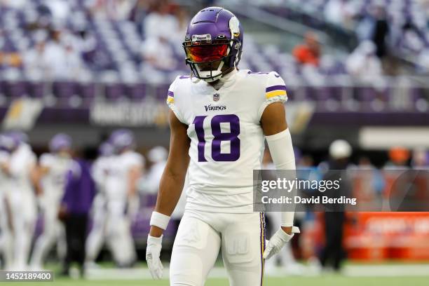 Justin Jefferson of the Minnesota Vikings looks onward during pregame against the New York Giants at U.S. Bank Stadium on December 24, 2022 in...