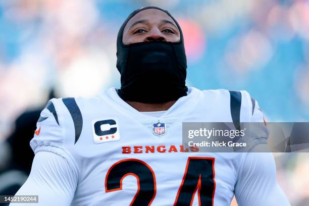 Vonn Bell of the Cincinnati Bengals looks on during pregame against the New England Patriots at Gillette Stadium on December 24, 2022 in Foxborough,...