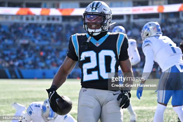 Raheem Blackshear of the Carolina Panthers reacts after a touchdown during the first quarter of the game against the Detroit Lions at Bank of America...