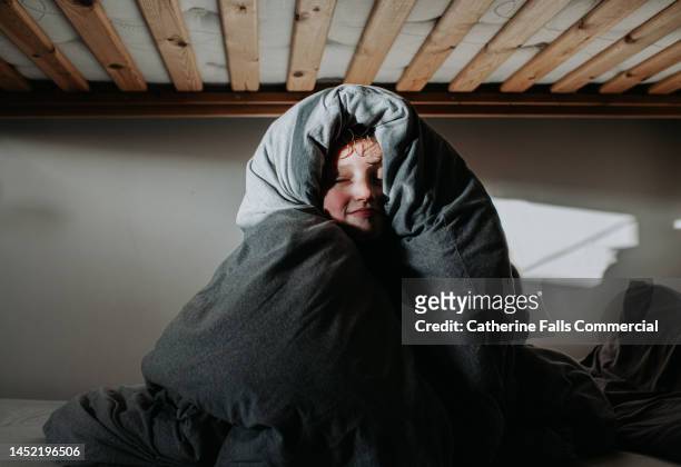 a child, wrapped in a grey duvet, peers out and smiles at the camera - bunk bed stockfoto's en -beelden