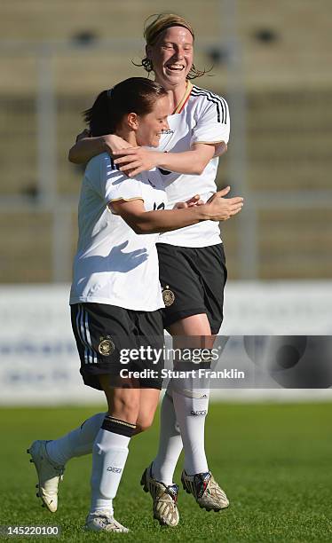 Irini Ioannidou of Germany celebrates scoring her goal with Stefanie Draws during the U23's womens international friendly mtach between Germany and...