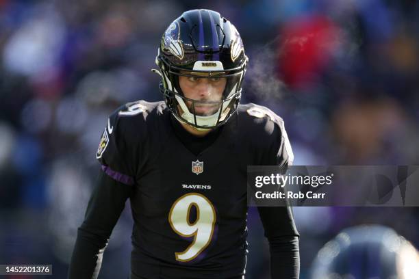 Justin Tucker of the Baltimore Ravens kicks a field goal during the first quarter of the game against the Atlanta Falcons at M&T Bank Stadium on...