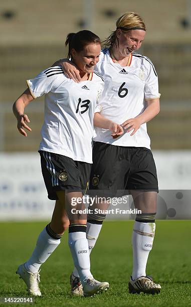 Irini Ioannidou of Germany celebrates scoring her goal with Stefanie Draws during the U23's womens international friendly mtach between Germany and...