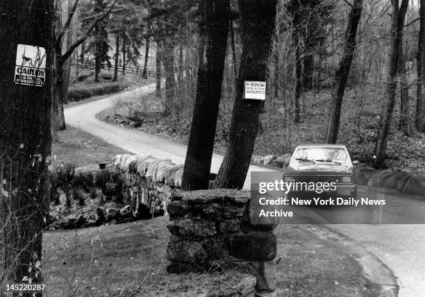 Guard sitting in car blocks driveway to Ivan Boesky residence. Signs tell the story, no trespassing and guard dog patroling. House is about a mile up...