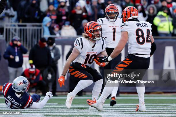 Mitchell Wilcox of the Cincinnati Bengals celebrates with Trenton Irwin of the Cincinnati Bengals after Irwin's receiving touchdown during the first...