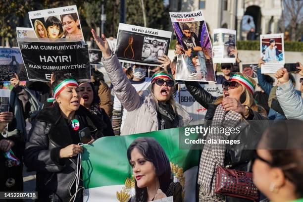 Protestors take part in an anti-Iran demonstration on December 24, 2022 in Istanbul, Turkey. After the suspicious death of Masha Amini, Anti Iran...