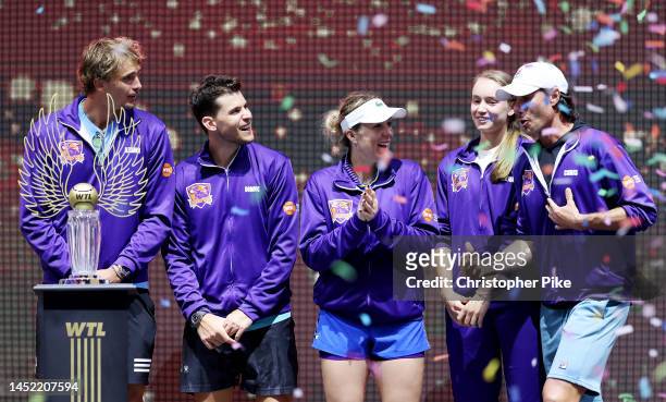 Alexander Zverev, Dominic Thiem, Anastasia Pavlyuchenkova, Elena Rybakina, Chris Groh of Hawks after winning during day six of the World Tennis...