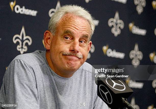 Interim head coach Joe Vitt of the New Orleans Saints answers question by the media after OTA's at the Saints Practice Facility on May 24, 2012 in...
