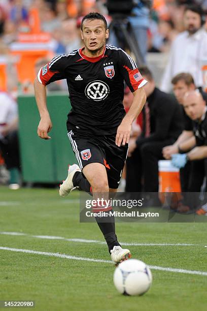 Hamdi Salihi of D.C. United dribbles the ball during a soccer match against Toronto FC at RFK Stadium on May 19, 2012 in Washington, DC. D.C. United...